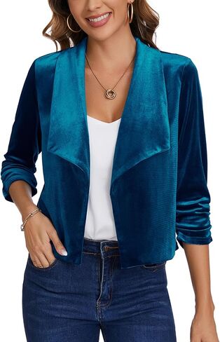 MINTLIMIT Women's Casual Velvet Blazer 3/4 Ruched Sleeve Shawl Collar Draped Open Front Blazers Jackets in Saudi Arabia