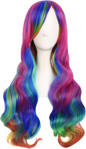 MapofBeauty 28 Inch/70 cm Beautiful Long Wavy Harajuku Style Cosplay Side Bangs Wigs (Lake Green/Grass Green) (Mixed Green) in Kuwait