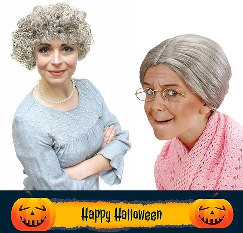 Old Lady Costume Set Grandma Wig Granny Wig Cap Madea Granny Glasses Eyeglass Chains Cords Faux Pearl Bead Necklace Old Lady Cosplay Set 5 Pieces (grey bun) in Kuwait