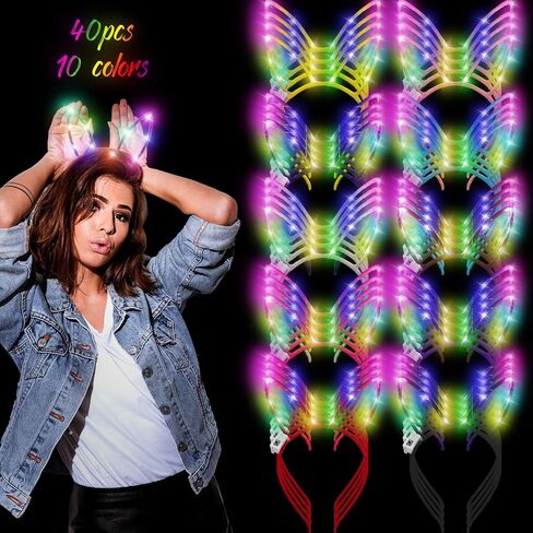 WILLBOND 40 Pcs Light up Headband LED Bunny Ears Headband Glow Hair Accessories for Women Girls Costume Party Supply, 10 Colors in Saudi Arabia