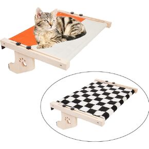 قطعتان من مجثم نافذة القطط، أرجوحة نافذة للقطط قابلة للتعديل مع 1 * حصيرة قماش و1 * حصيرة قطيفة سميكة، سرير قطط خشبي سميك لعتبة النافذة وجانب السرير والمكتب (1 * قطيفة بيضاء، 1 * أزرق/رمادي) in Kuwait