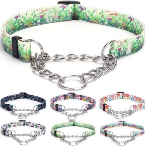 Martingale Collar, Training Dog Collar, Stainless Steel Chain Pet Collar for No Pull Dog Walking Flowers Design Large Medium Small Dogs (L, Peony)