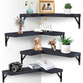 RayLove Corner Floating Shelves Wall Mounted Set of 4, Wood Corner Wall Shelves for Bedroom, Living Room, Bathroom, Kitchen, Office, Farmhouse,Black in Kuwait