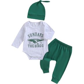 SHUING 3Pcs Newborn Baby Boy Football Outfit Sundays are for the Birds Eagles Romper Jogger Pants Hat Set Fall Winter Clothes