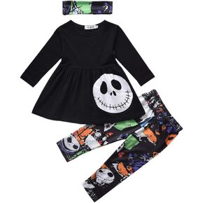 HINTINA 3PCS Baby Girls Halloween Outfits Skull Tops Ghost Leggings Pants with Csarf Hat Clothes set