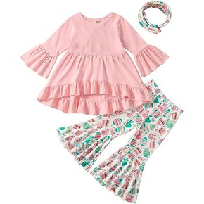 XIFAMNIY Toddler Baby Girls Valentine's Day/st.Patricks Day/Easter Day Outfit Bell Bottom Pants Set 1-4T