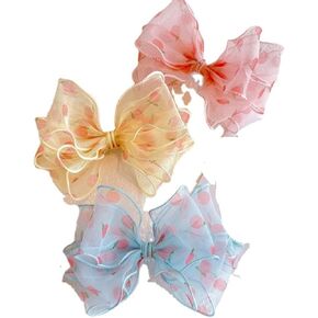 هوت اند ساتيون ربطات شعر كبيرة 6 انش للبنات من 3 قطع، اكسسوارات شعر بشريط من الحرير المضلع مع مشابك تمساح للاطفال الصغار والمراهقين، زهري واصفر وازرق in Kuwait