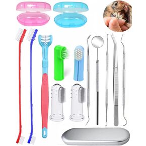 QeeHeng Dog Tooth Brushing Kit,Pet Toothbrush Kit,Professional 3 Sided Dog Toothbrush, Finger Toothbrush,Long Handle Toothbrush,Metal Tools Included,Complete Tooth Cleaning Kit for Pets(15PCS)