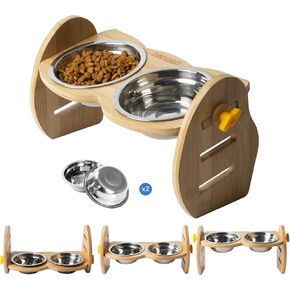 أوعية مرتفعة للكلاب، أوعية مرتفعة للكلاب وقابلة للتعديل للكلاب والقطط الصغيرة، حامل وعاء من الخيزران المتين المائل بزاوية 15 درجة مع وعاءين من الفولاذ المقاوم للصدأ لطعام الكلاب in Kuwait