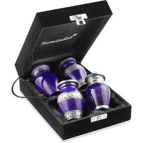 Reminded Small Cremation Keepsake Urns for Human Ashes, Set of 4 Purple and Silver Miniature Urns with Velvet Case and Bags