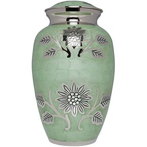 Liliane Memorials Teal and Silver Flower Funeral Urn Cremation Urn for Human Ashes - Brass- Suitable for Cemetery Burial or Niche- Large Size for Adults up to 200 lbs - Rose Lisette