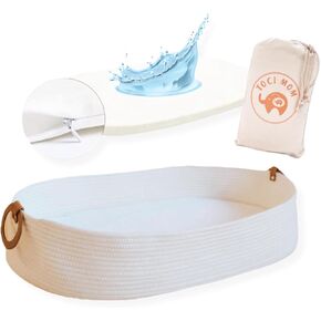 White Baby Changing Basket Table Topper for Dresser with Thick Foam Pad | Foldable Moses Basket with Removable Cover | Cotton Rope Storage Basket | Gender Neutral Baby Gift in Kuwait