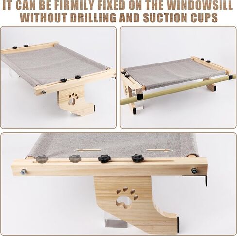 Cat Window Perch, Adjustable Cat Window Bed with Wooden Frame and Metal Cat Hammock for Windowsill Bedside Drawer Wardrobe in Kuwait