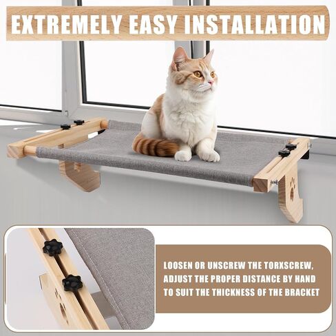 Cat Window Perch, Adjustable Cat Window Bed with Wooden Frame and Metal Cat Hammock for Windowsill Bedside Drawer Wardrobe in Kuwait