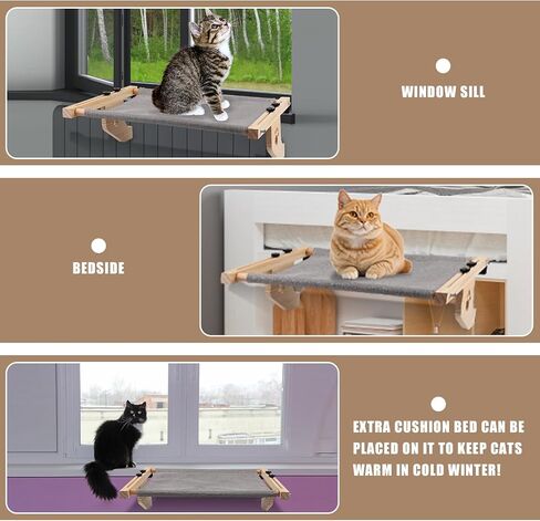 Cat Window Perch, Adjustable Cat Window Bed with Wooden Frame and Metal Cat Hammock for Windowsill Bedside Drawer Wardrobe in Kuwait