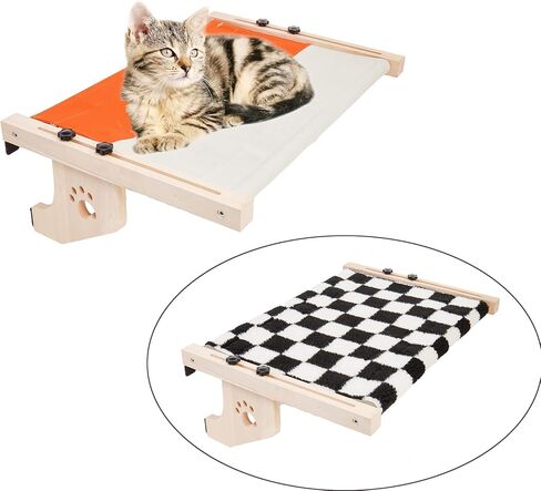 قطعتان من مجثم نافذة القطط، أرجوحة نافذة للقطط قابلة للتعديل مع 1 * حصيرة قماش و1 * حصيرة قطيفة سميكة، سرير قطط خشبي سميك لعتبة النافذة وجانب السرير والمكتب (1 * قطيفة بيضاء، 1 * أزرق/رمادي) in Kuwait