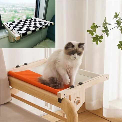 قطعتان من مجثم نافذة القطط، أرجوحة نافذة للقطط قابلة للتعديل مع 1 * حصيرة قماش و1 * حصيرة قطيفة سميكة، سرير قطط خشبي سميك لعتبة النافذة وجانب السرير والمكتب (1 * قطيفة بيضاء، 1 * أزرق/رمادي) in Kuwait