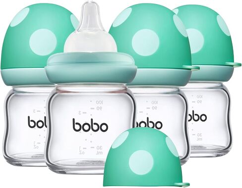 YOHKOH Natural Glass Baby Bottle with Level 1 Slow Flow Nipple, Newborn Anti-Colic Baby Bottles, Wide Neck Mushroom Baby Glass Bottle (3.4oz (Pack of 4), Red) in Saudi Arabia
