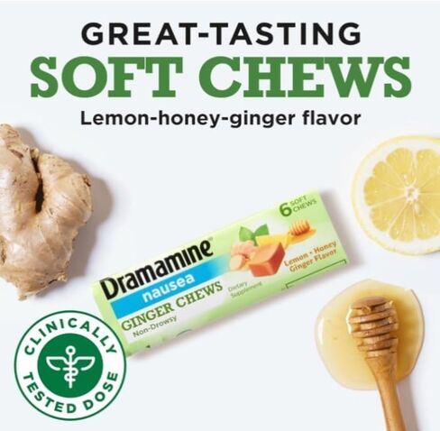 حلوى درامامين بالزنجبيل، مضغ ناعم لتخفيف الغثيان بالليمون والعسل والزنجبيل، خالي من الغلوتين ومنتجات الألبان، 6 قطع - عبوة من 3 قطع in Kuwait