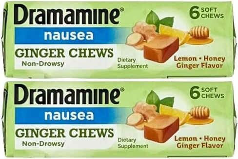 حلوى درامامين بالزنجبيل، مضغ ناعم لتخفيف الغثيان بالليمون والعسل والزنجبيل، خالي من الغلوتين ومنتجات الألبان، 6 قطع - عبوة من 3 قطع in Kuwait