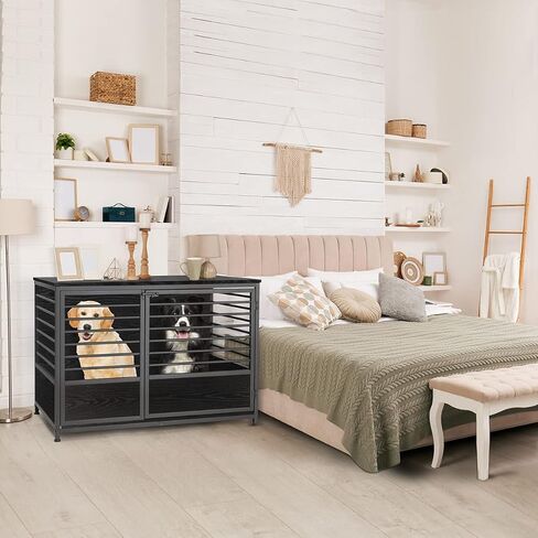 أثاث قفص الكلاب، طاولة نهاية جانبية لقفص الكلاب الخشبي شديد التحمل من ميلوس، بيت للكلاب داخلي، هيكل أنبوبي فولاذي بتصميم زخرفي، بيت قفص للحيوانات الأليفة للكلاب الكبيرة/المتوسطة/الصغيرة، بني ريفي in Kuwait