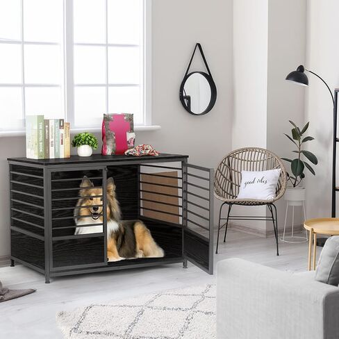 أثاث قفص الكلاب، طاولة نهاية جانبية لقفص الكلاب الخشبي شديد التحمل من ميلوس، بيت للكلاب داخلي، هيكل أنبوبي فولاذي بتصميم زخرفي، بيت قفص للحيوانات الأليفة للكلاب الكبيرة/المتوسطة/الصغيرة، بني ريفي in Kuwait