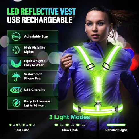 سترة عاكسة مطورة باضاءة LED للركض، سترة ركض عاكسة قابلة لاعادة الشحن بمنفذ USB مع شنطة جوال مقاومة للماء، معدات جري ليلية عالية الوضوح مع خصر وكتف قابلين للتعديل للرجال والنساء in Saudi Arabia