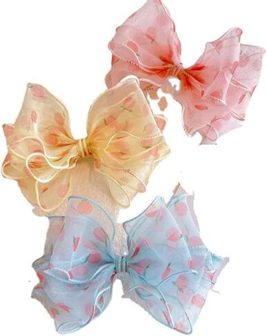 هوت اند ساتيون ربطات شعر كبيرة 6 انش للبنات من 3 قطع، اكسسوارات شعر بشريط من الحرير المضلع مع مشابك تمساح للاطفال الصغار والمراهقين، زهري واصفر وازرق in Kuwait