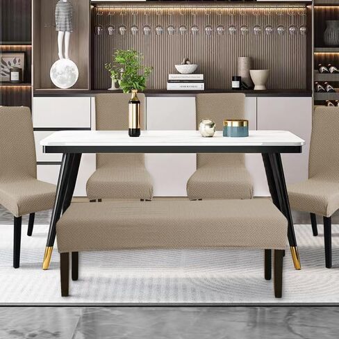 FORCHEER Dining Chair Covers and Bench Covers Set Waterproof Jacquard Chair Slipcover Set of 4 Washable Parsons Chair Slipcover - 4 PCS Chair Cover+1 PC Bench Cover （Waterproof-Light Brown） in Saudi Arabia