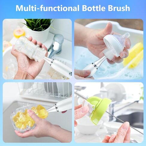 Electric Baby Bottle Brush, BicycleStore Waterproof Bottle Brush Cleaner Set with 4 Adjustable Speed, USB Rechargeable Water Bottle Scrubber Brushes with 5 Head for Baby Bottle and Kitchen Cleaning in Kuwait