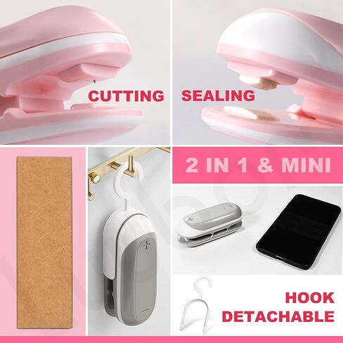 Luubom Mini Bag Sealer, Portable Heat Vacuum Sealers, Plastic Bag Sealer with Cutter 2 in 1, Handheld with Hook for Chip Food Storage, Grey in Kuwait