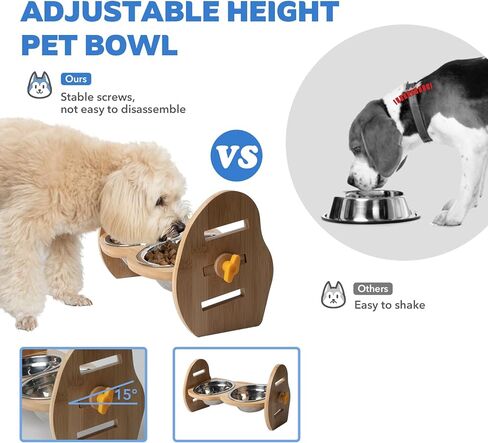 أوعية مرتفعة للكلاب، أوعية مرتفعة للكلاب وقابلة للتعديل للكلاب والقطط الصغيرة، حامل وعاء من الخيزران المتين المائل بزاوية 15 درجة مع وعاءين من الفولاذ المقاوم للصدأ لطعام الكلاب in Kuwait