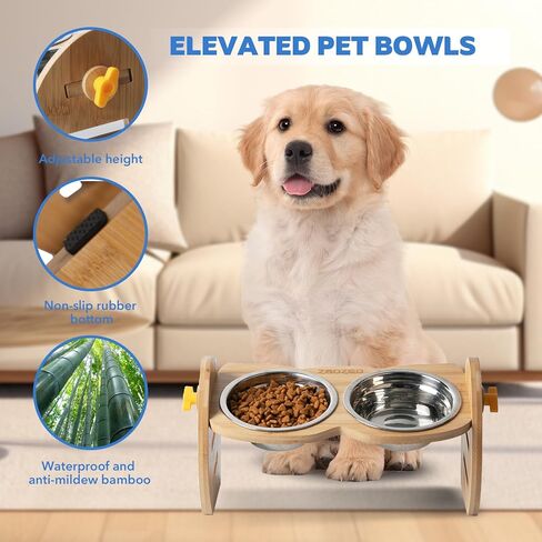 أوعية مرتفعة للكلاب، أوعية مرتفعة للكلاب وقابلة للتعديل للكلاب والقطط الصغيرة، حامل وعاء من الخيزران المتين المائل بزاوية 15 درجة مع وعاءين من الفولاذ المقاوم للصدأ لطعام الكلاب in Kuwait