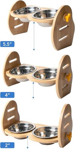 أوعية مرتفعة للكلاب، أوعية مرتفعة للكلاب وقابلة للتعديل للكلاب والقطط الصغيرة، حامل وعاء من الخيزران المتين المائل بزاوية 15 درجة مع وعاءين من الفولاذ المقاوم للصدأ لطعام الكلاب in Kuwait