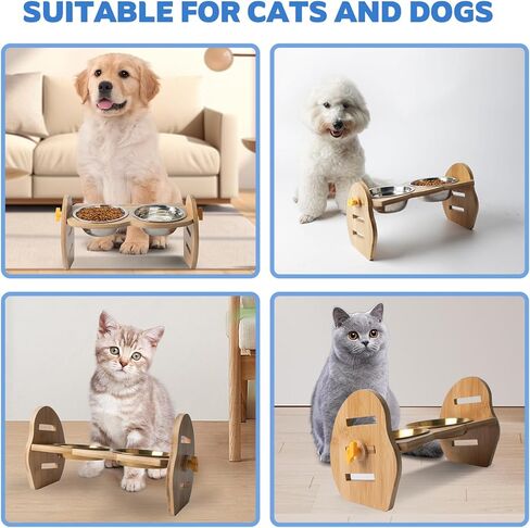 أوعية مرتفعة للكلاب، أوعية مرتفعة للكلاب وقابلة للتعديل للكلاب والقطط الصغيرة، حامل وعاء من الخيزران المتين المائل بزاوية 15 درجة مع وعاءين من الفولاذ المقاوم للصدأ لطعام الكلاب in Kuwait