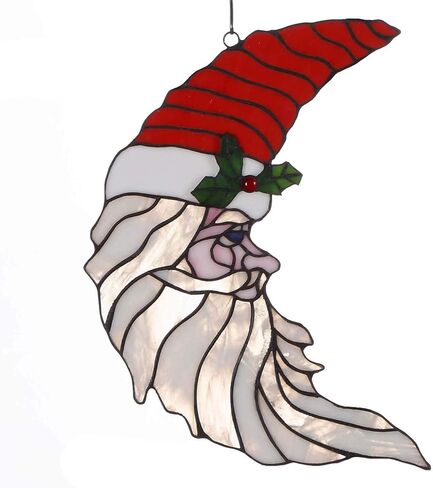 Bieye W10019 Santa Claus Head Moon Tiffany Style Stained Glass Window Panel with Hanging Chain, 11" W x 15" H in Kuwait