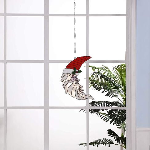 Bieye W10019 Santa Claus Head Moon Tiffany Style Stained Glass Window Panel with Hanging Chain, 11" W x 15" H in Kuwait