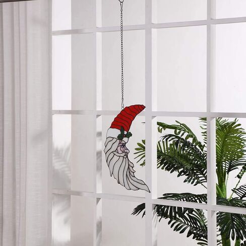 Bieye W10019 Santa Claus Head Moon Tiffany Style Stained Glass Window Panel with Hanging Chain, 11" W x 15" H in Kuwait