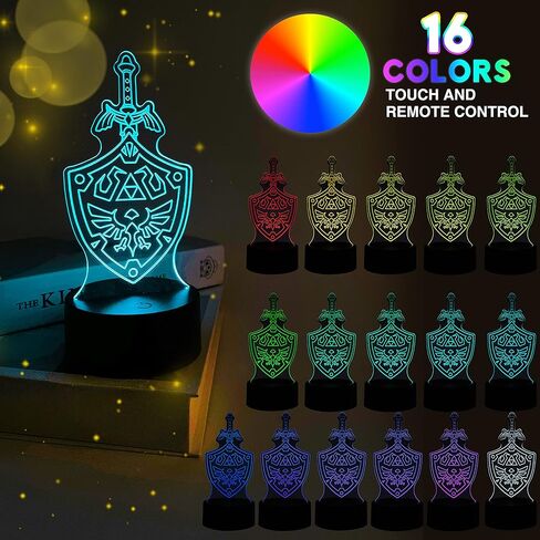 Pounchi Legend Game مصباح بجانب السرير 16 لونًا ضوء ليلي ثلاثي الأبعاد (3 أنماط) علامة سيف Legend Link مصباح طاولة يعمل بمنفذ USB لغرفة الألعاب ديكور غرفة النوم هدية عيد ميلاد للأطفال in Kuwait