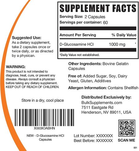 BULKSUPPLEMENTS.COM كبسولات الجلوكوزامين HCl - الجلوكوزامين 1000 مجم، مكمل الجلوكوزامين، كبسولات الجلوكوزامين - مكملات المفاصل، خالية من الغلوتين، 2 كبسولة لكل وجبة، 120 كبسولة in Kuwait