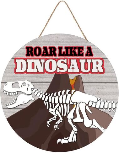 Dinosaur Wooden Door Hanger Nursery Decoration, Roar Like A Dinosaur Inspirational Quote Wooden Hanger, Dinosaur Skeleton with Volcano Wall Art for Toddler Kids Room Bedroom Playroom 12x12 Inch in Saudi Arabia