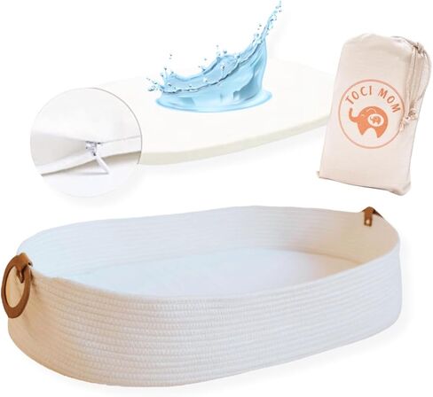 White Baby Changing Basket Table Topper for Dresser with Thick Foam Pad | Foldable Moses Basket with Removable Cover | Cotton Rope Storage Basket | Gender Neutral Baby Gift in Kuwait