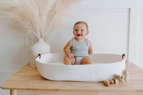 White Baby Changing Basket Table Topper for Dresser with Thick Foam Pad | Foldable Moses Basket with Removable Cover | Cotton Rope Storage Basket | Gender Neutral Baby Gift in Kuwait