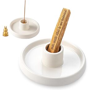 حامل مبخرة من بالو سانتو، حامل عصي بخور مصنوع يدويًا من السيراميك، حامل خشبي برائحة وماسك رماد، هدية مثالية للروحانية او التأمل - ابيض in Kuwait