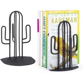 Alsonerbay Bookends Geometric Decorative Metal Book Stoppers Abstract Creative Book Supports, Desktop Book Display Organizer, Modern Book Holders, Cactus Book Ends for Office 1 Pair (Black)