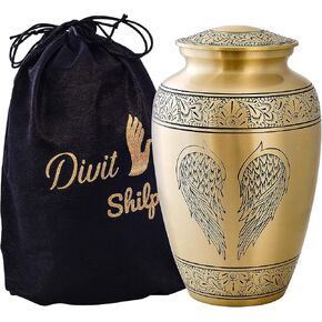 Divit Shilp Cremation Urn for Human Ashes with Satin Bag, for Adults up to 200 lbs | Large Handcrafted Funeral Urns (Blue Angel Wings, Adult)