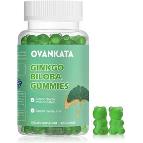 Ovankata Ginkgo Biloba Gummies-مكملات جينكو بيلوبا العضوية لتعزيز الدماغ والدورة الدموية وتحسين المزاج والتركيز، نباتي غير معدل وراثيًا - 120 مجم، 60 قطعة in Kuwait