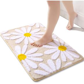 QJHOMO Pink Bathroom Rugs Cute Daisy Bath Mat White and Yellow Flower Decor Rug Non Slip Floor Carpet Microfiber Bathmat Super Absorbent Machine Washable Bathtub Mats for Shower (16x24 inch) in Kuwait