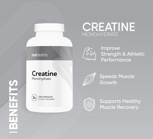 حبوب الكرياتين مونوهيدرات نوي NUTRA 3G، 200 كبسولة، كتلة العضلات، القوة، وتحسين الأداء in Kuwait