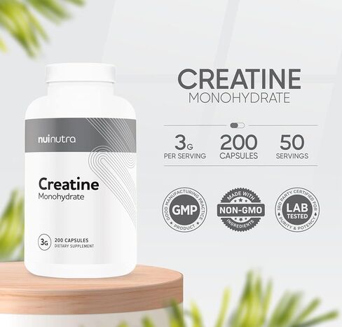 حبوب الكرياتين مونوهيدرات نوي NUTRA 3G، 200 كبسولة، كتلة العضلات، القوة، وتحسين الأداء in Kuwait